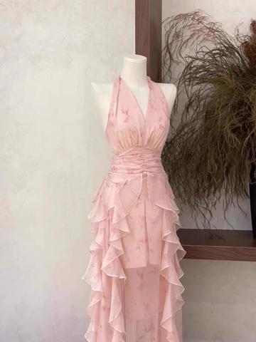 A Line Halter Ruffled Floral Pink Long Women's Holiday Dresses SD206